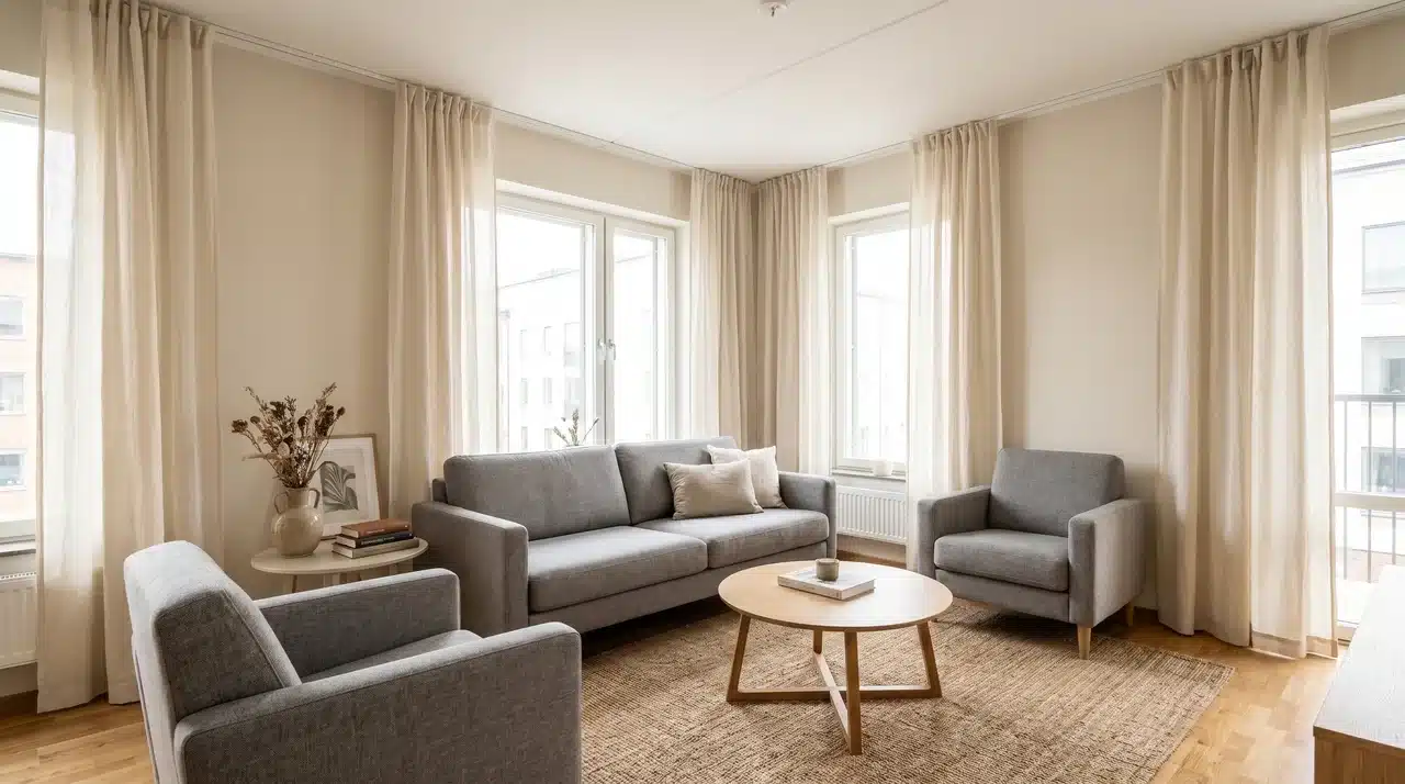 A bright living room with grey sofa and chairs, light curtains, round wooden table, and natural textured rug.