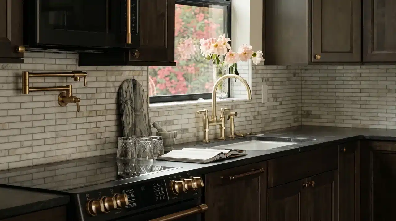 French country kitchen with dark cabinetry, unlacquered brass bridge tap, pot filler, stone countertop, and marble mosaic backsplash