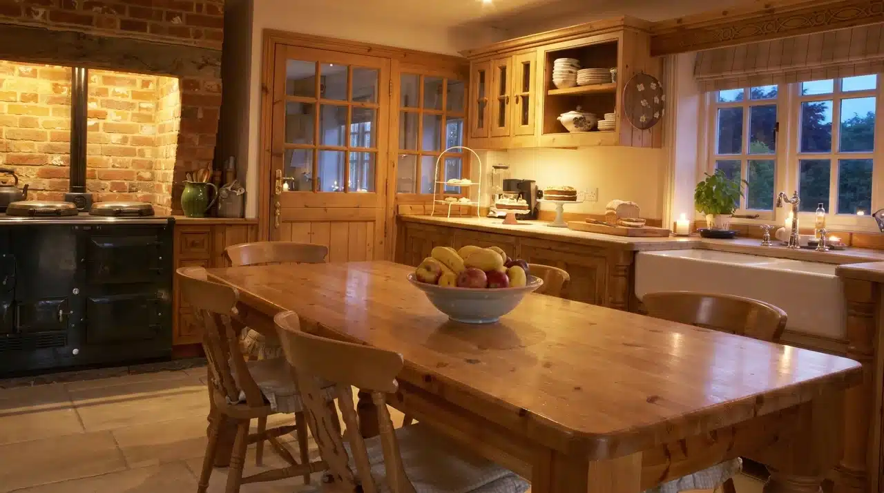 Rustic French country kitchen with pine farmhouse table, stone floor, open shelving, farmhouse sink, and warm candlelit ambiance