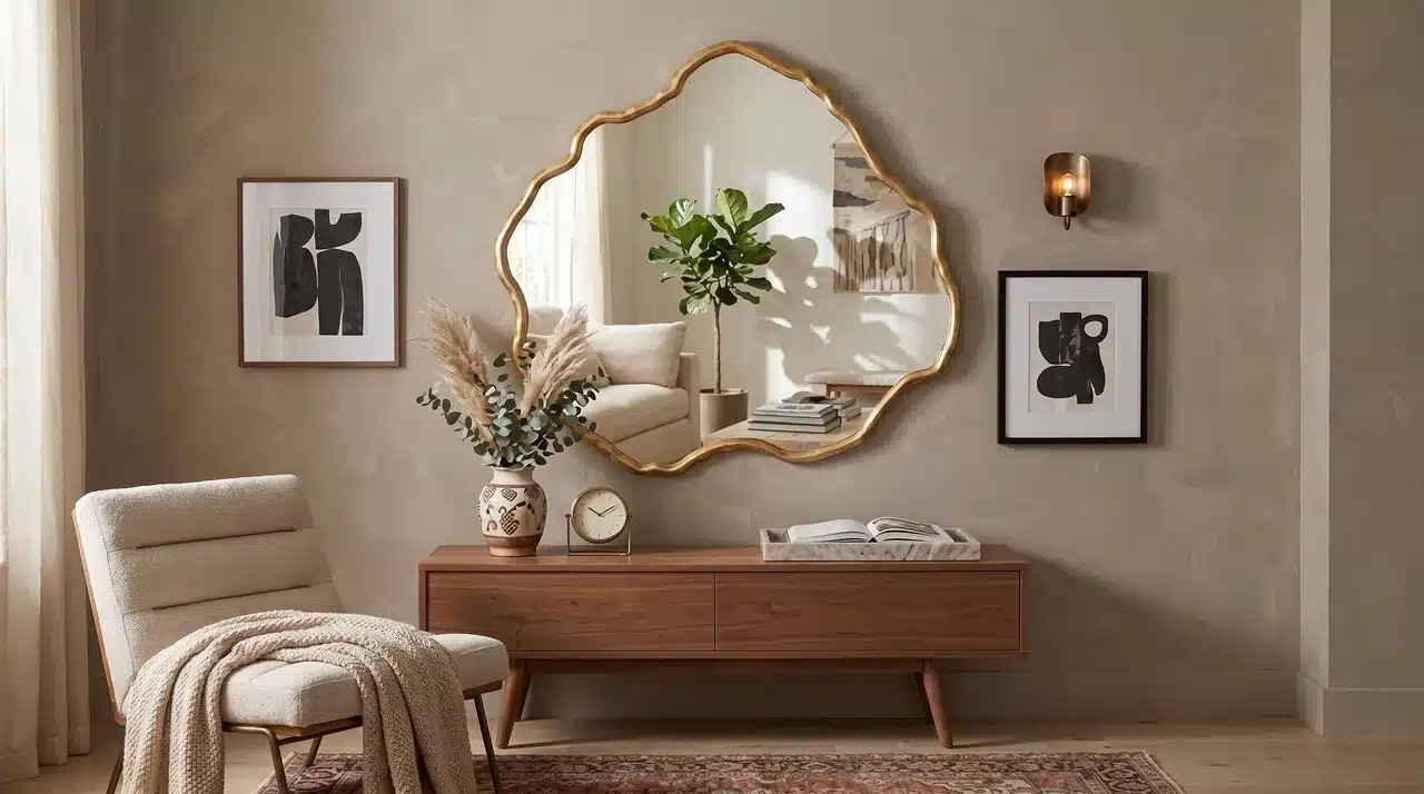 Contemporary living room vignette with organic shaped gold mirror, mid-century console, pampas grass arrangement, and abstract wall art