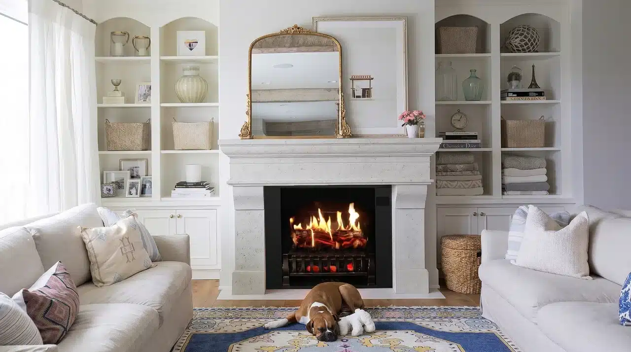 French country living room with stone fireplace surround, gilded mirror on mantel, linen sofas, built-in shelving, and sheer curtains