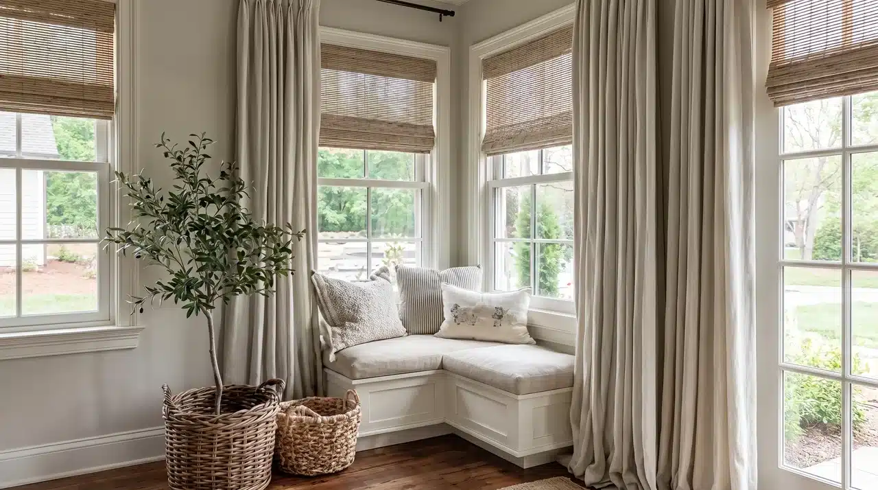 French country reading nook with floor to ceiling linen curtains, built in window seat, woven baskets, and olive tree