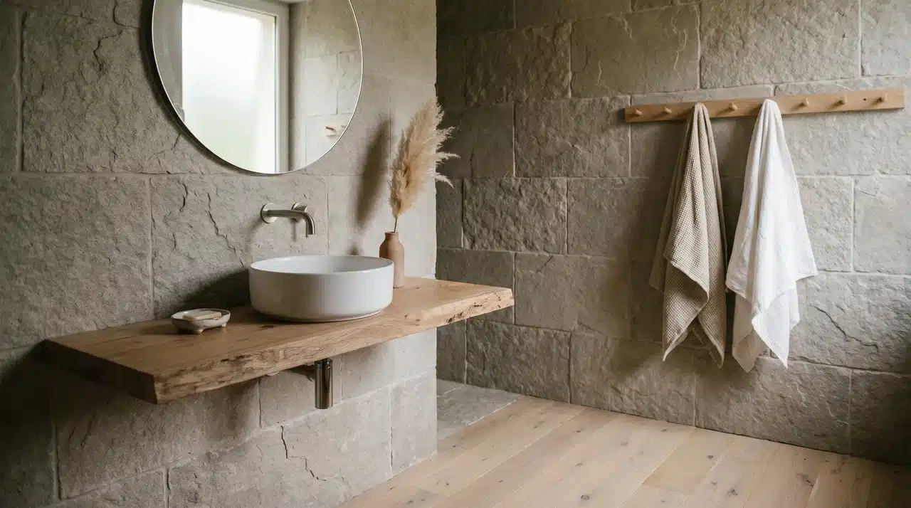 A minimalist French country bathroom with rough-hewn stone wall tiles, a raw-edge wooden shelf above a white basin.