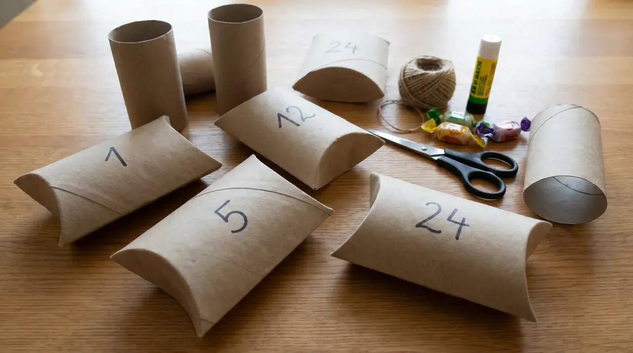 Numbered toilet paper rolls folded and ready for advent calendar assembly