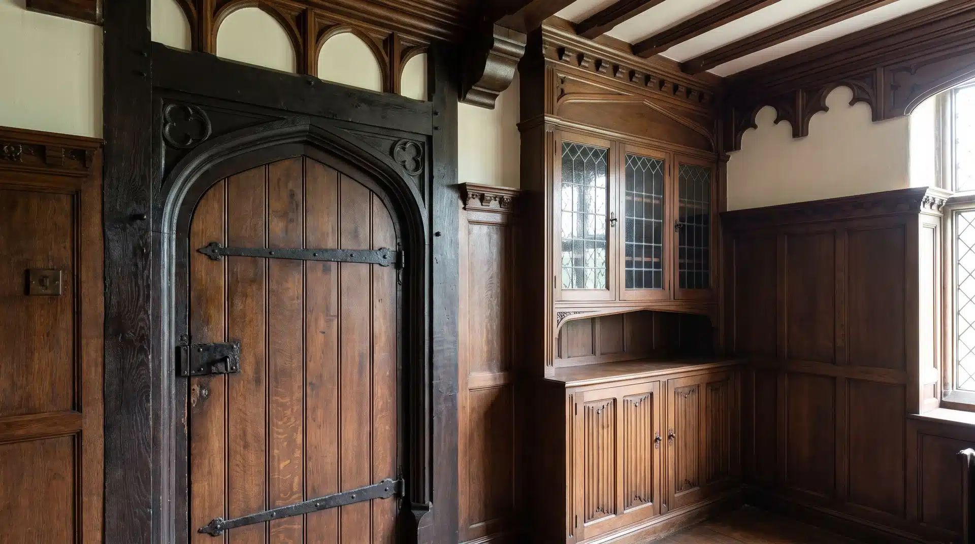Tudor Revival interior with arched doorway and woodwork details