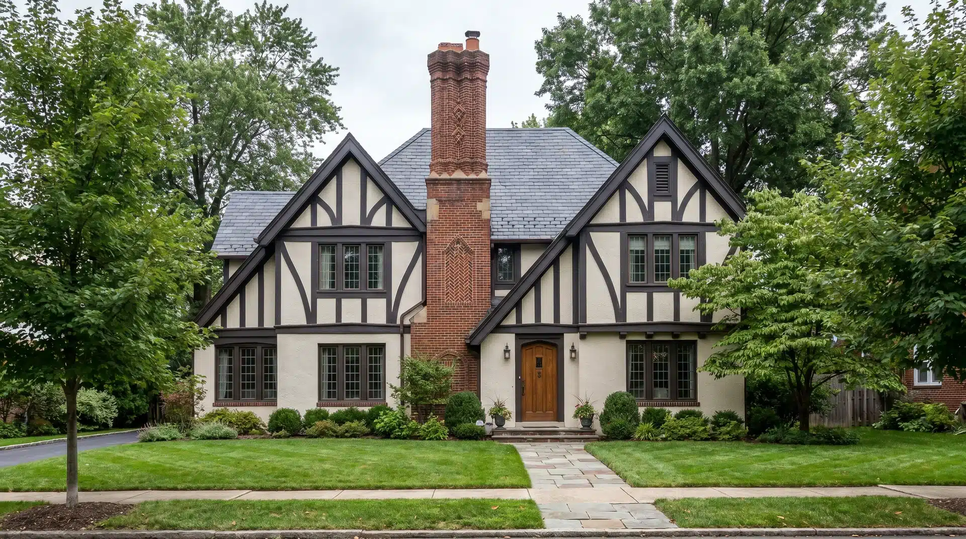 1920s Tudor Revival house with steep gabled roof, decorative half-timbering, brick chimney, and grouped casement windows
