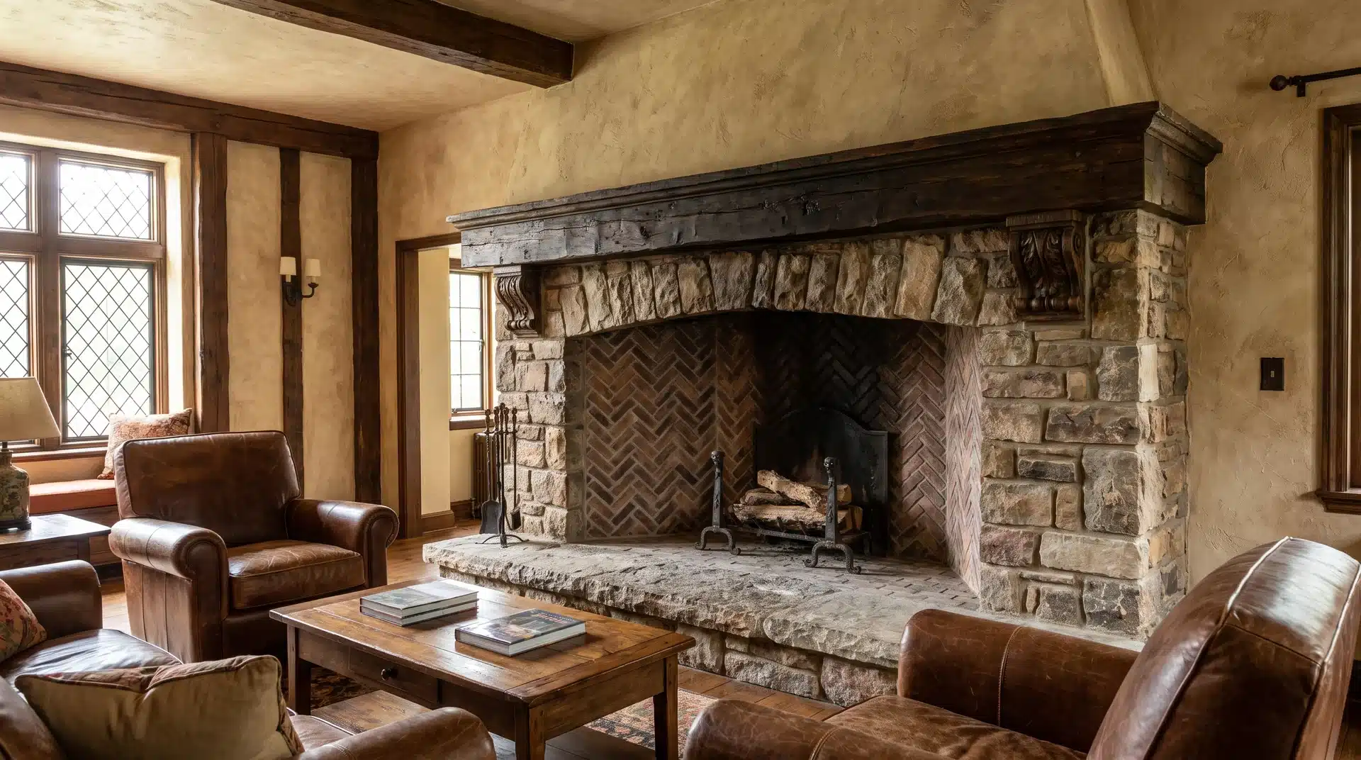 Tudor Revival fireplace with stone surround, wood mantel, and brick details