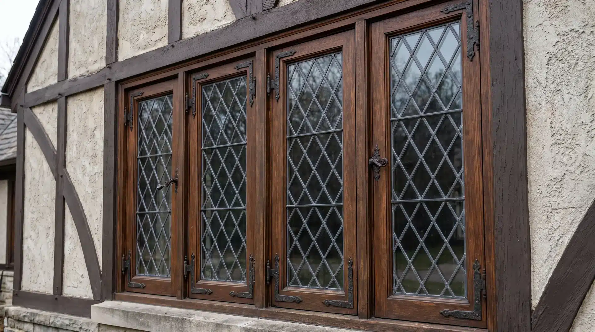 Tudor Revival casement windows with diamond-pattern leaded glass