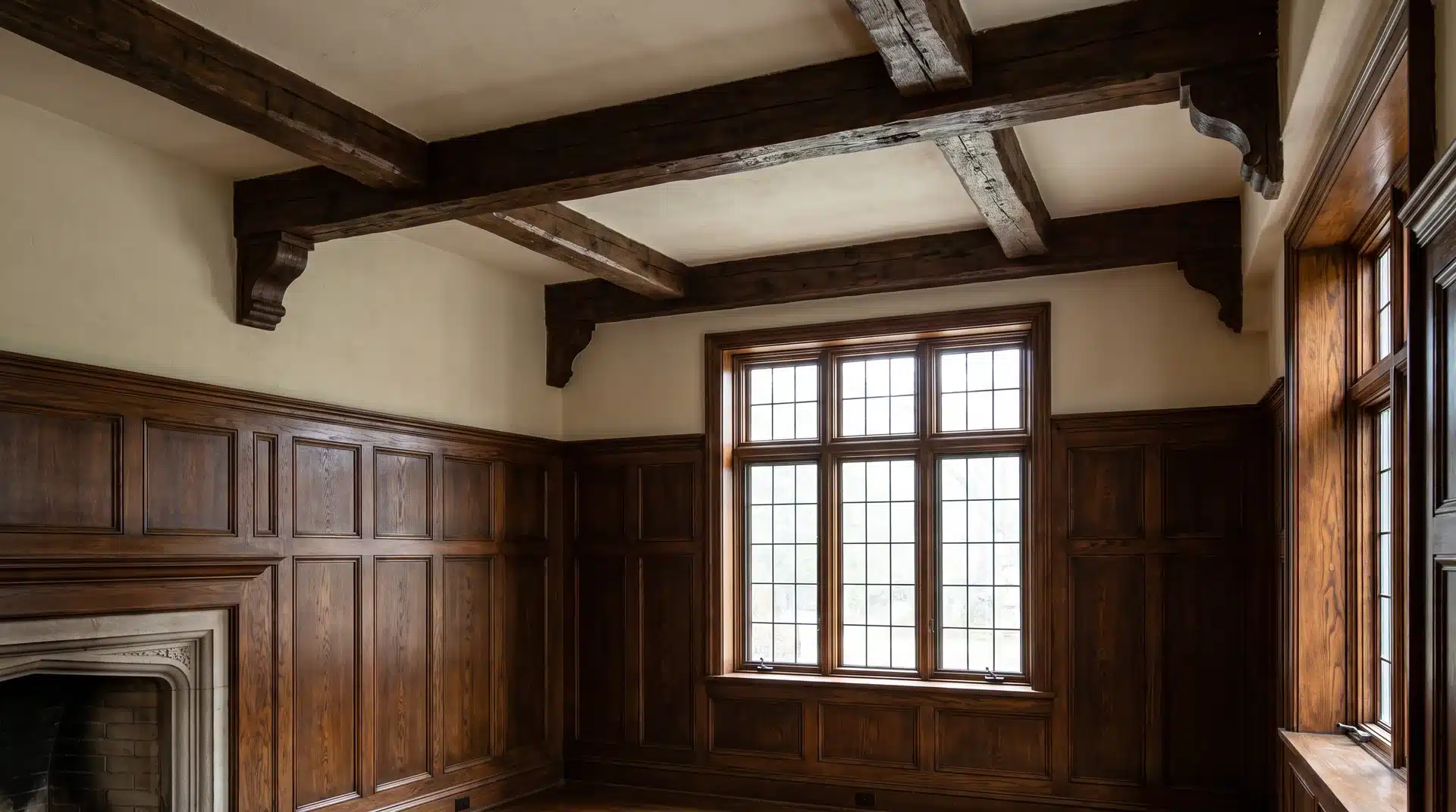 Tudor Revival room with exposed wood beams and wall paneling