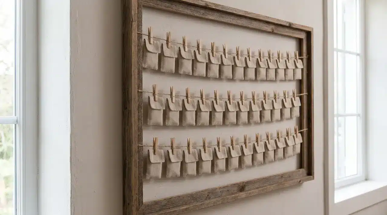 Twine line strung across wall with numbered envelopes and pouches clipped evenly