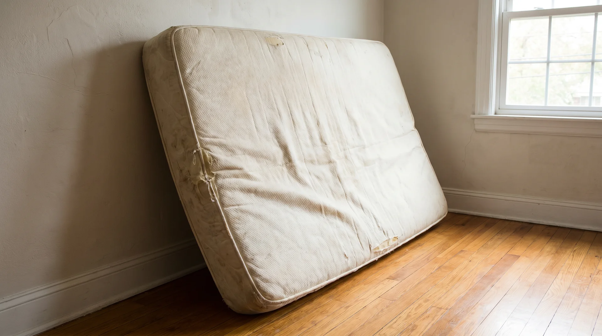 old mattress beside new mattress in living room during delivery