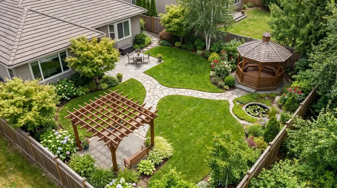 pergola and gazebo both in the backyard in corners