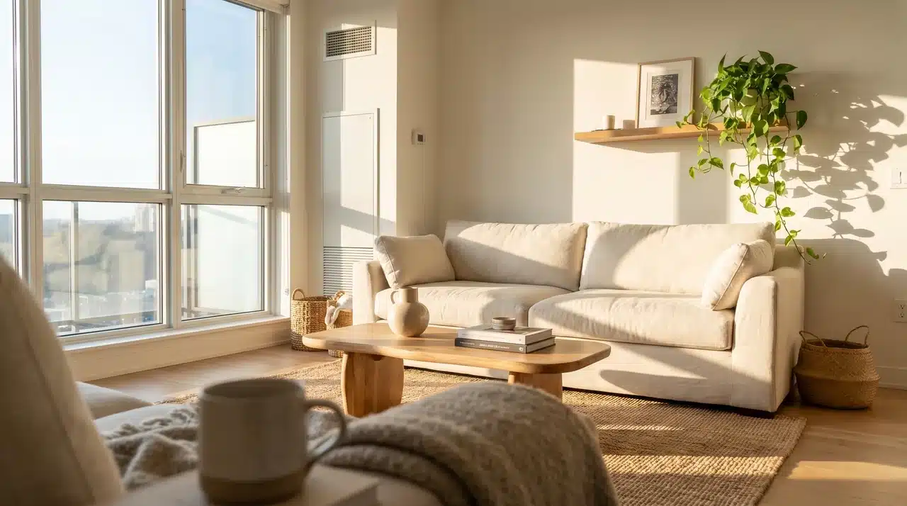 Bright modern living room with cream sofa, wooden coffee table, woven rug, and green plant, filled with natural light.