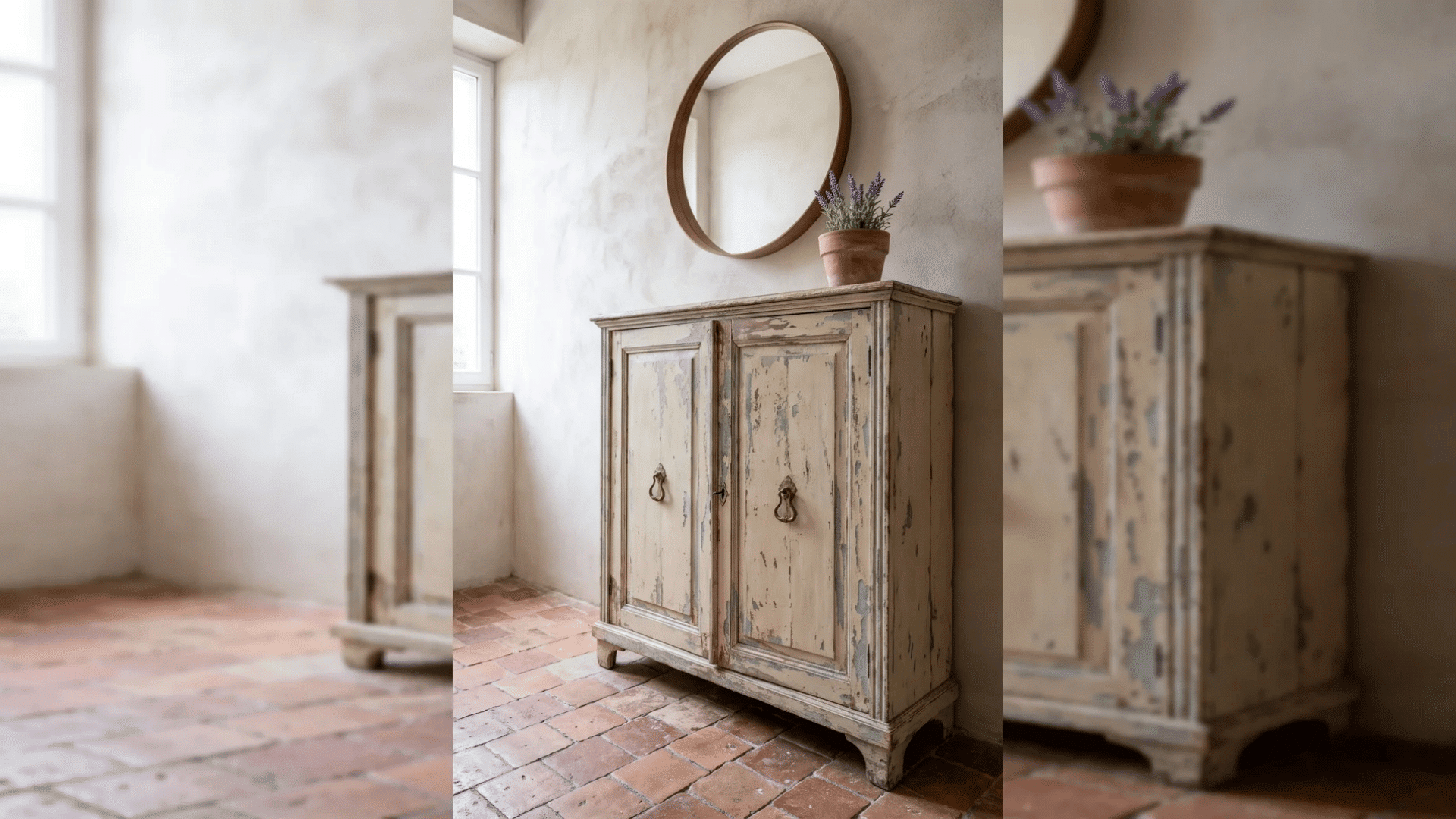 worn vintage armoire, brass handles, round mirror above, lavender pot, terracotta tile floor